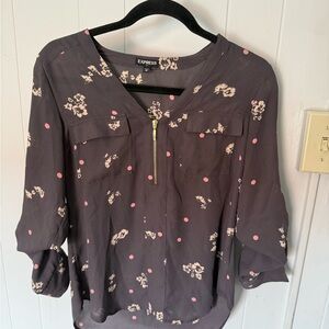 Express Gray and Pink Blouse with Cuffed Sleeves and Mandarin Collar